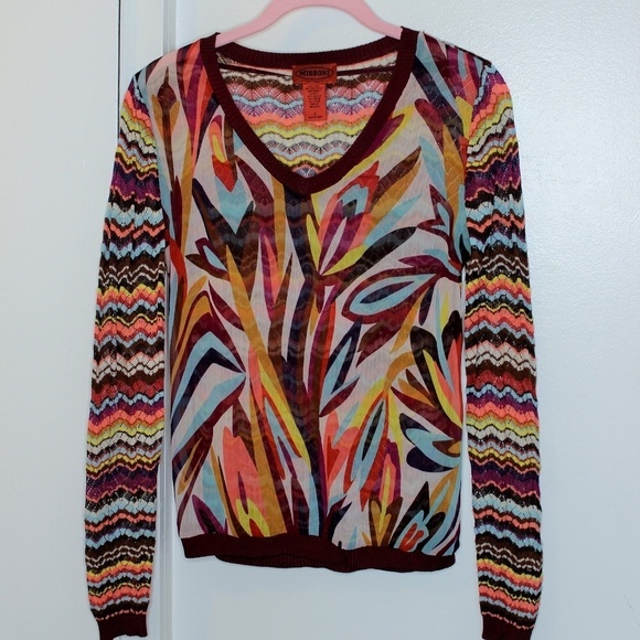 Missoni for Target Burgundy and Brown Floral Mixed Media V-neck Sweater - Picture 4 of 7